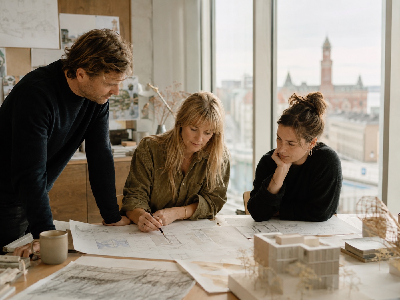 Arkitekterna på do ARK granskar ritningar och en husmodell i studion i Helsingborg